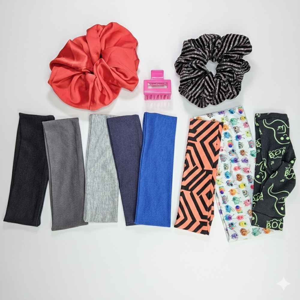 Hair Accessories Bundle NEW 8 Headbands 2 Scrunches 1 Claw Clip Grey Blue Solid